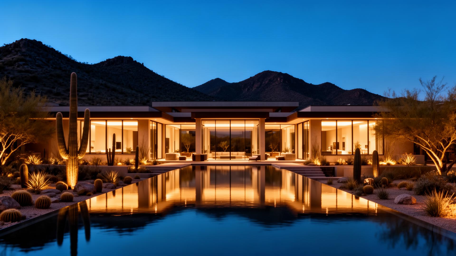 Luxury desert home exterior at dusk in Scottsdale